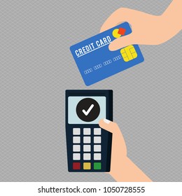 Wireless payment concept. Pos terminal is waiting for card and human hand holding a credit card to pay. Vector illustration on white background. 