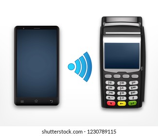 Wireless Payment Concept. Smartphone with POS terminal on a white background. Vector icon. EPS10