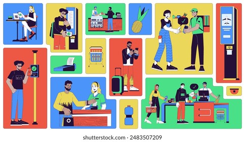 Wireless payment in everyday life bento grid illustration set. Contactless services 2D vector image collage design graphics collection. Diverse people paying mobile flat characters moodboard layout