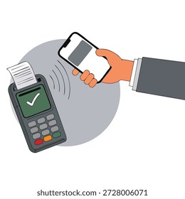 Wireless payment flat illustration new POS terminal and high technology smartphone with NFC Near-field communication payment completed approved checkmark vector art