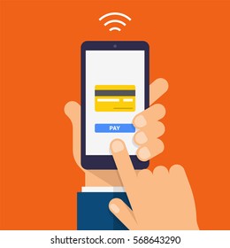 Wireless Payment Icon. Payment page and credit card on smartphone screen. Modern Flat design illustration.