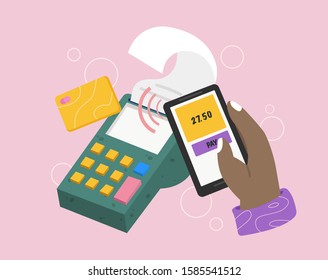 Wireless payment with Mobile phone with NFC technology. Hand holding smartphone with pay app near POS terminal. Vector illustration