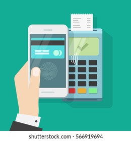 Wireless payment mobile phone and terminal vector, flat style smartphone in hand with credit card on display and fingerprint or thumbprint processed successful pay on nfc, contactless buy tech