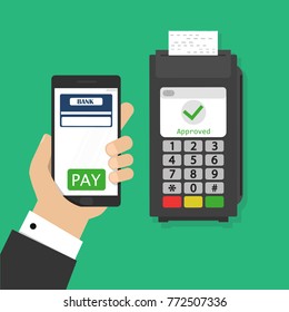 Wireless payment with mobile phone and terminal illustration, flat style smartphone in hand with credit card on display and fingerprint processed successful pay on nfc, contactless buy tech image