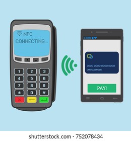 Wireless payment with nfc technology using a smartphone. Pos terminal is waiting for connect to nfc device a smartphone with pay screen. Vector illustration.