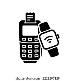 Wireless Payment on POS by using Smartwatch Silhouette Icon. NFC Digital Paying Transaction on Terminal Glyph Pictogram. Electronic RFID Watch for Cashless Pay Icon. Isolated Vector Illustration.