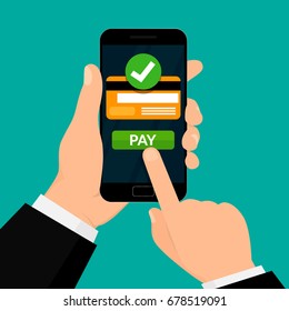 Wireless Payment Processing. Credit Card on Smartphone Screen. Money Transaction. Vector illustration on White Background.