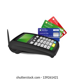 Wireless payment terminal with blue, green and red bank cards isolated on white background