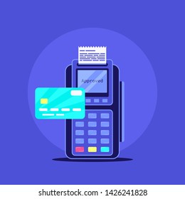 Wireless payment terminal with credit card. Flat style illustration.