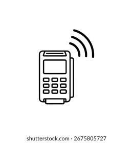 A wireless payment terminal with a keypad and screen is shown, indicating contactless payment processing.