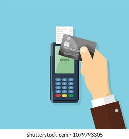 Wireless Payment vector illustration in flat style. Male hand holding credit card