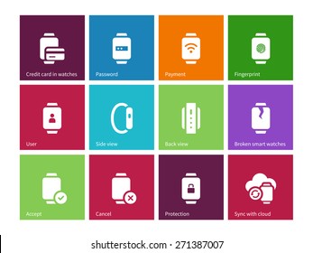 Wireless payment watch icons on color background. Vector illustration.