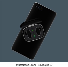 Wireless power share vector illustration, smartphone charges headphones / earbuds in case