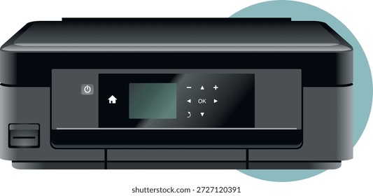 A wireless printer designed for printing, scanning, and copying tasks. It features a 2.7-inch LCD control panel, dedicated paper trays for photos and DVDs, automatic two-sided printing, and mobile printing support from smartphones and tablets. The printer uses five individual ink cartridges including CMYK and photo black for high-quality output.