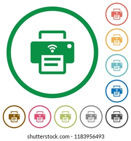 Wireless printer flat color icons in round outlines on white background