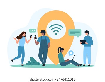Wireless public network connection, access to free hotspot zone. Tiny people connect to safe wifi point for online communication, map location pin on area with signal cartoon vector illustration