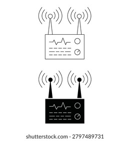 Wireless radio transmitter device with two antennas broadcasting signals. Telecom radar equipment line and solid style icon design isolated on white.Editable stroke, Vector illustration, Line art Icon, Symbols.