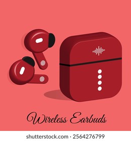 Wireless red 3D Earbuds Vector Art isolaed on Bittersweet color Background. Noise Cancelling Headphones with Case.