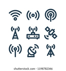 Wireless related minimalistic line icon set.  Signal vector bold line icons.