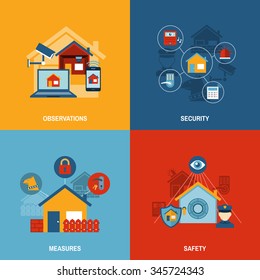 Wireless remote controlled security camera system with monitor 4 flat icons square composition flat abstract vector illustration