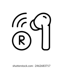 Wireless right earbuds outline icon. Vector line sign for web design isolated on white background.
