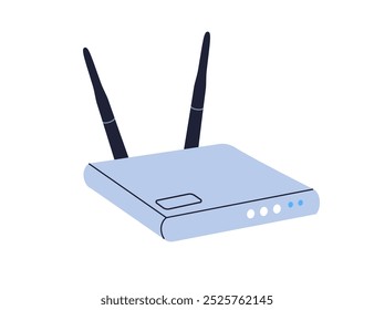 Drahtloser Router mit Antennen für Internetzugang und WiFi-Netzwerkverbindung. Wi-Fi-Gerät, Modem mit Breitbandsignal. Technologie, Ausrüstung. Flache Vektorgrafik einzeln auf weißem Hintergrund