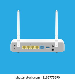 wireless router back view with port connected isolated design on blue back ground