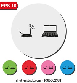 Wireless router connected to laptop flat round colorful vector icon.