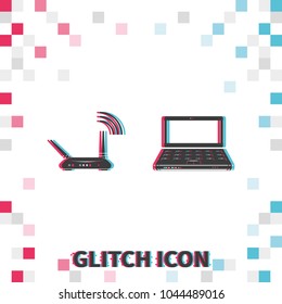 Wireless router connected to laptop  glitch effect vector icon.