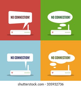 Wireless router with error message. Flat design style. Concept of low wireless signal or disconnection. Errors messages template.