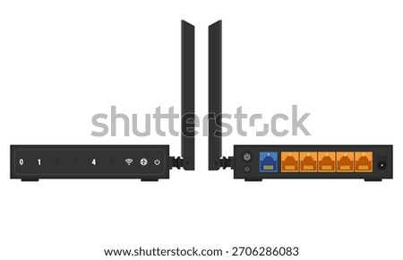 Wireless router front and back view isolated on white. Vector router device for educational content, tech blogs, product manuals, IT-related visuals