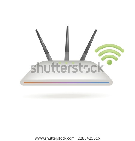 Wireless router and green Wi-Fi symbol 3D illustration. Cartoon drawing of equipment for internet access in 3D style on white background. Internet or network, communication, connection concept