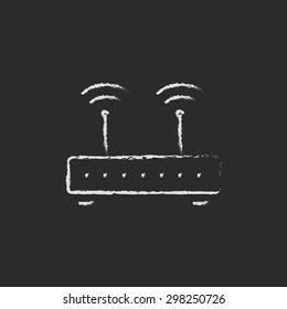 Wireless router hand drawn in chalk on a blackboard vector white icon on a black background