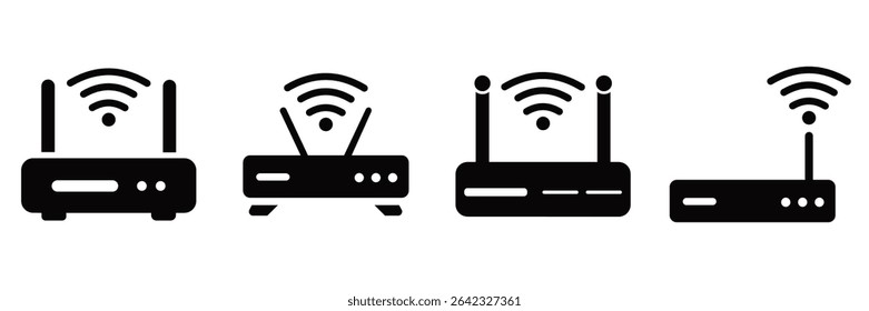 Ícone de roteador wireless - modem Wi-Fi e símbolo de conexão com a Internet em vetor preto-e-branco

