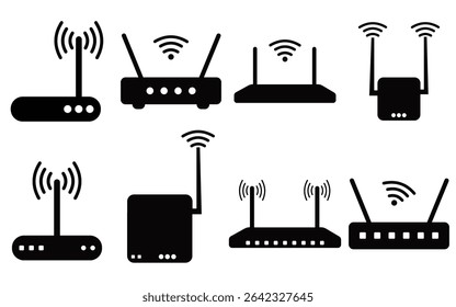 Ícone de roteador wireless - modem Wi-Fi e símbolo de conexão com a Internet em vetor preto-e-branco
