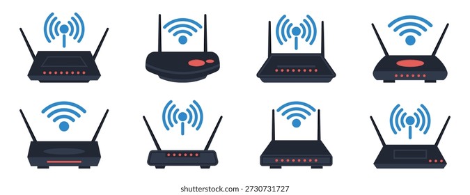 Conjunto de ilustrações de roteador sem fio. Diferentes designs de modem wifi com antenas e ícones de sinal