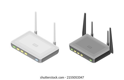 Wireless routers with antenna, modern wireless mobile devices isometric vector illustration