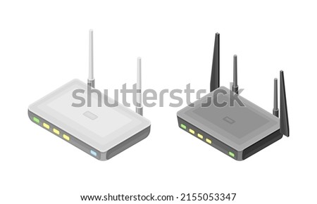 Wireless routers with antenna, modern wireless mobile devices isometric vector illustration