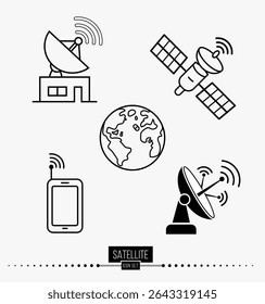 Ícones de sinal de satélite sem fio - Pacote vetorial de prato, antena e receptor
