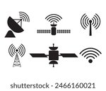 Wireless satellite technology icon set. Antenna, satellite and satellite dish icons. Satellite Data Icon, Vector illustration.