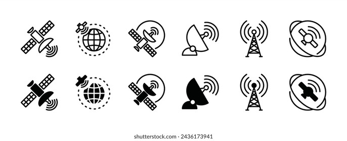 Wireless satellite technology icon set. Containing telecom, antenna or signal receiving tower, satellite dish, space satellite for telecommunication. Vector illustration