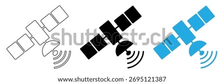 Wireless satellite technology icon set.Antenna, satellite and satellite dish icons.Satellite Data Icon,Vector illustration.modern technology for global reach,editable stroke icons,