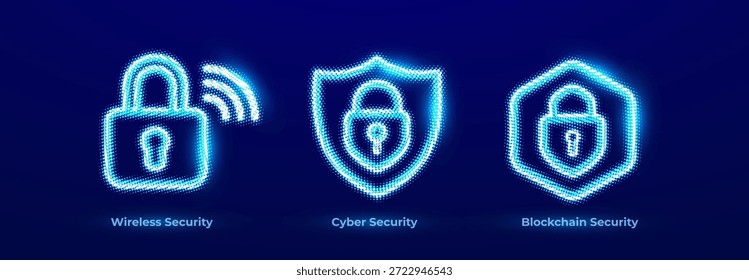 Wireless Security Network WiFi Protection Access Lock Icons Set. Cyber Security Digital Shield Data Protection Neon Logo. Blockchain Security Crypto Network Token Privacy Signs. Vector Illustration