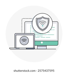 Wireless Security Review Icon Representing Network Risk Assessment, Wi-Fi Protection, and Cyber Threat Monitoring. Editable Stroke.