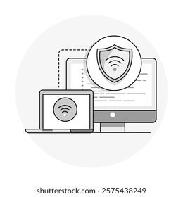 Wireless Security Review Icon Representing Network Risk Assessment, Wi-Fi Protection, and Cyber Threat Monitoring.