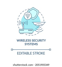 Icono de concepto azul de sistemas de seguridad inalámbrica. Ilustración de línea delgada de idea abstracta inteligente en casa. Movimiento, detector de humo. Vigilancia y grabación. Dibujo de color de contorno aislado del vector. Trazo editable