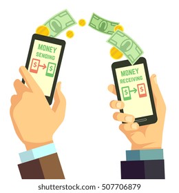 Wireless sending money with smartphone vector banking concept. Receiving and sending processing cash illustration