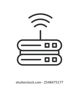 IoT de almacenamiento de servidor inalámbrico, icono en diseño de línea. Inalámbrico, servidor, almacenamiento, IoT, conectividad, nube, datos sobre Vector de fondo blanco. Icono de trazo editable del IoT del almacenamiento del servidor inalámbrico