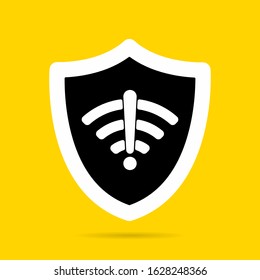 Wireless shield no wifi icon sign flat design vector illustration. Wifi internet signal symbols in the security shield isolated on yellow background.