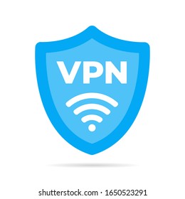 Wireless shield VPN wifi icon sign flat design vector illustration. Wifi internet signal symbols in the security shield isolated on yellow background.